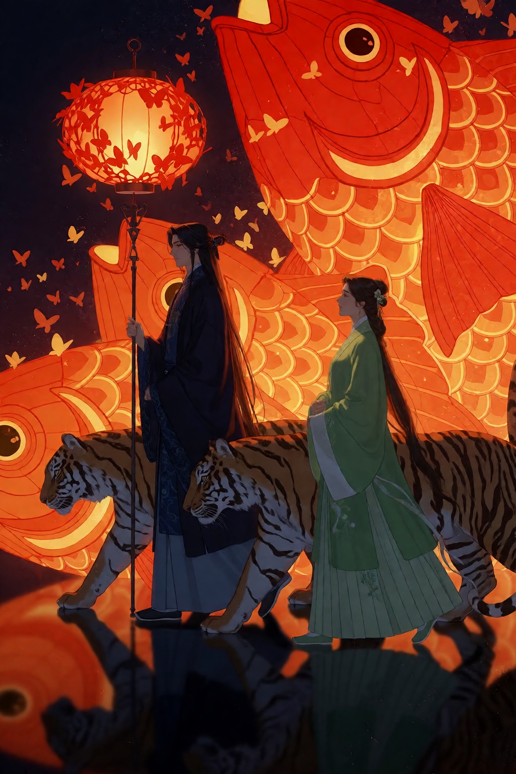 A full-body side-profile view shows two adults and two tigers walking in a line from left to right across a reflective dar...