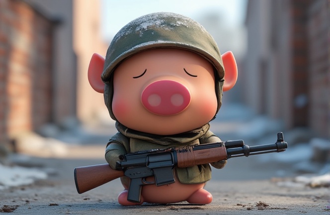 3D,Ultra HD quality,A cute little pig,piggy,tail,blush,standing,full body,Holding ak47,animal focus,Big nose,cartoon style,in winter,building_ruins,military_uniform,evil smile,fighting,looking at viewer