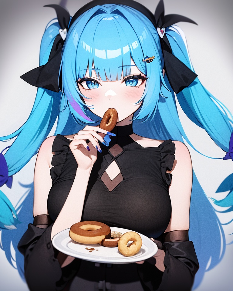 1girl, solo, food, blue hair, blue eyes, two side up, dress, hair ornament, blue nails, looking at viewer, gawr gura, holding, piercing, ear piercing, black ribbon, streaked hair, ribbon, signature, black dress, hair ribbon, long hair, bare shoulders, virtual youtuber, holding food, hairclip, doughnut, bow, nail polish, multicolored hair, upper body, eating, breasts