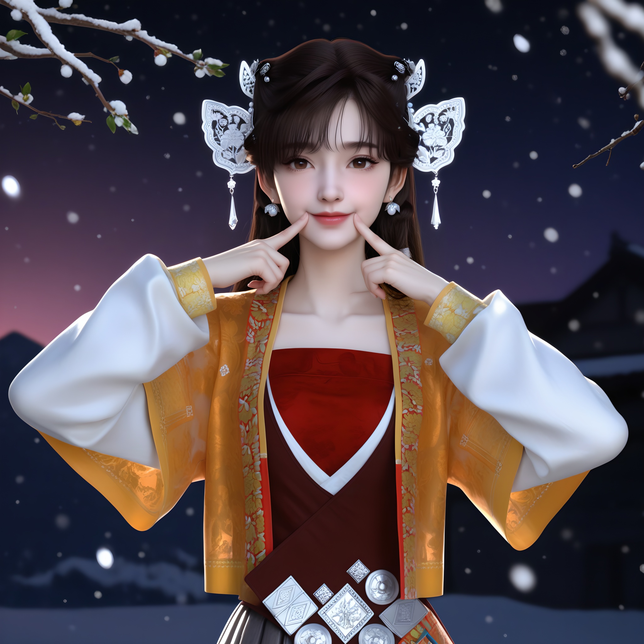 masterpiece,best quality,absurdres,highres,<lora:雪见-ill:0.85>,1girl,solo,dangling tassels,filigree design,butterfly-shaped hairpiece,silver hairpins,hair ornament,dark brown hair,pearl beads,pearl earrings,twin braids,long hair,light blush,brown eyes,layered_dress,short jacket,red tube top,puffed sleeves,white inner sleeves,waist belt,embroidered cuffs,pleated skirt,XueJian,collarbone,upper body,(fingersmile:1.1),light blush,light smile,BREAK(white_skin:1.1),(fair_skin:1.1),realistic,twig,branch,falling petals,snow,snowing,snowflakes,simple background,black background,rim light,Volumetric Lighting,lens flare,Tyndall effect,depth of field,bokeh,sparkle,moon,star \(sky\),purple sky,