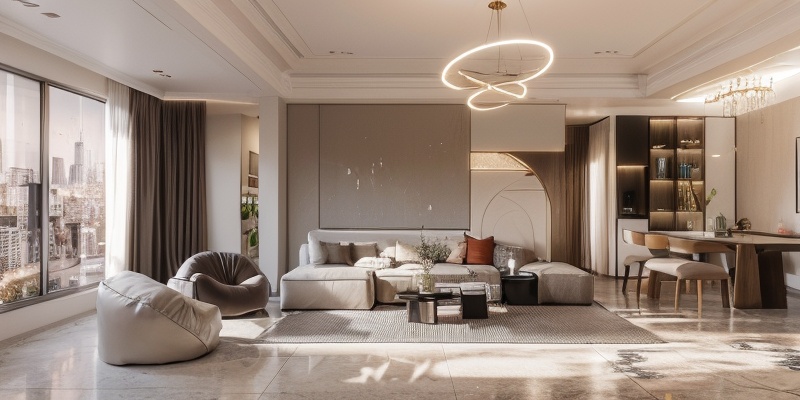 Modern low luxury style, realistic details, indoor photography, french window, white curtains, leather white sofa, gray reflective tile floor, brown carpet, glass table, metal luminous chandelier