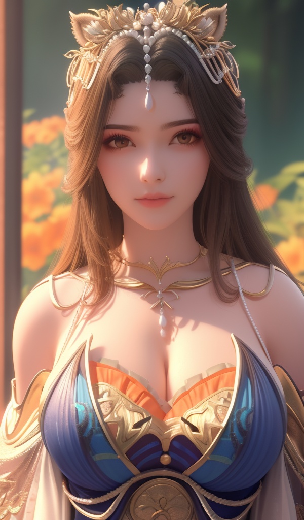 <lora:642-DA-完美世界-龙女:0.8>(,1girl, ,best quality, ),looking at viewer,  ,ultra detailed background,ultra detailed background,ultra realistic 8k cg,, ,masterpiece, (( , )),, ,      ,  orange blossoms,  (cleavage), (), ,,
