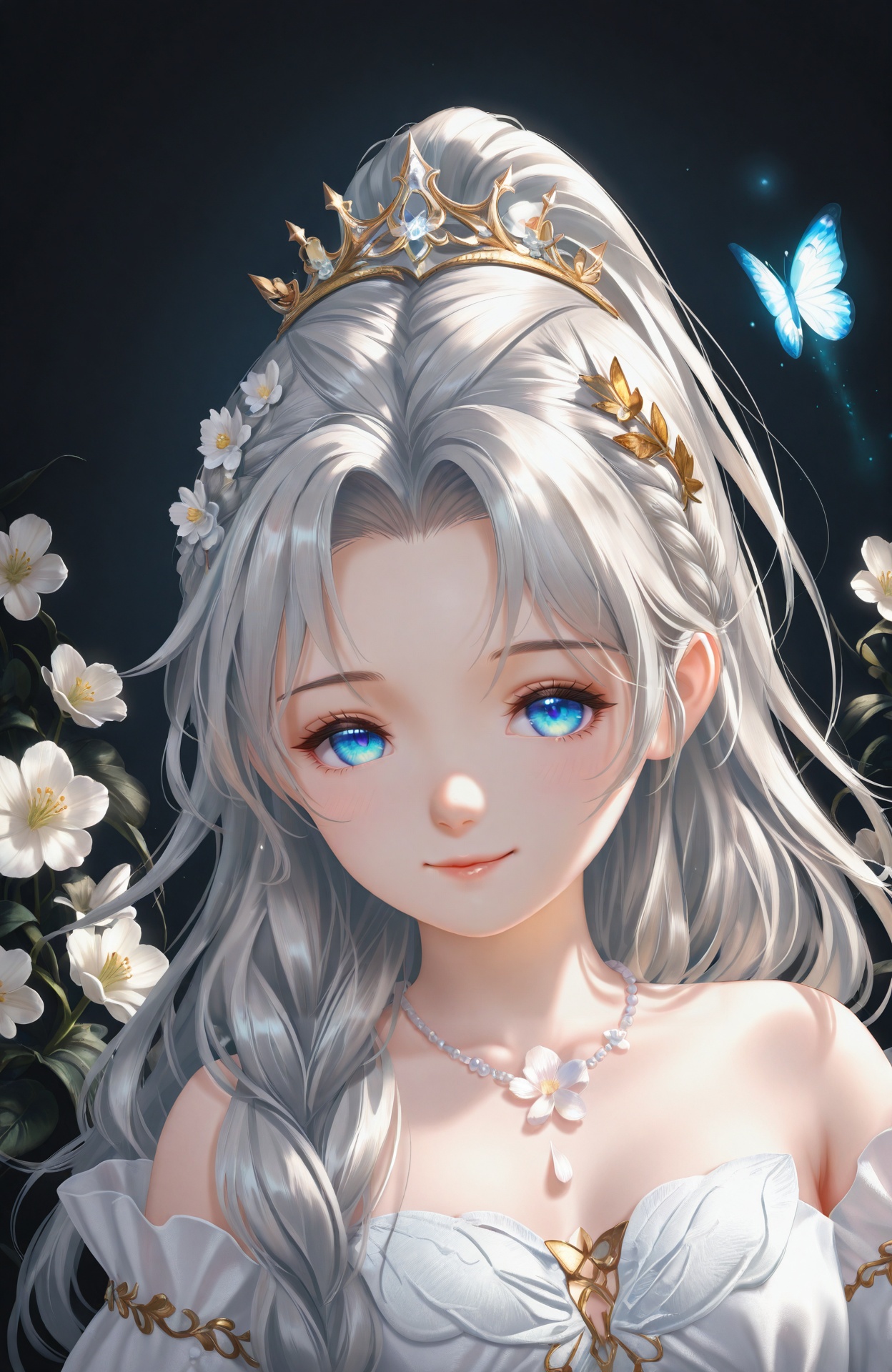 masterpiece,absurdres,best quality,loli,petite,high quality,chromatic_aberration,impasto,highres,absurdres,//,1girl, bug, solo, flower, necklace, butterfly, hair_ornament, blue_eyes, jewelry, dress, long_hair, tiara, upper_body, blue_butterfly, grey_hair, braid, ponytail, closed_mouth, bare_shoulders, smile, white_flower, white_dress, light_particles, black_background, beads, pearl_necklace, portrait, hair_flower, glowing_butterfly, looking_at_viewer, dark_background//,<lora:古风厚涂Loli——【CKXL】hans:1>,
