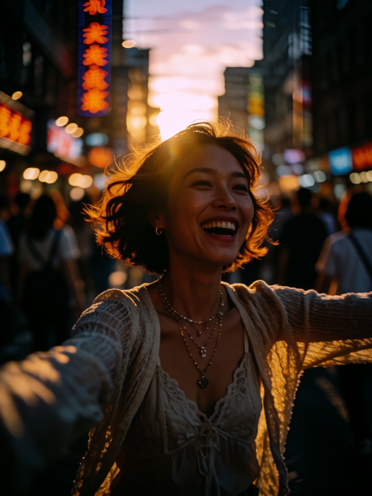 dynamic street photography selfie-style shot,  young Asian woman early 20s,  warm olive skin glowing in golden hour sunlig...