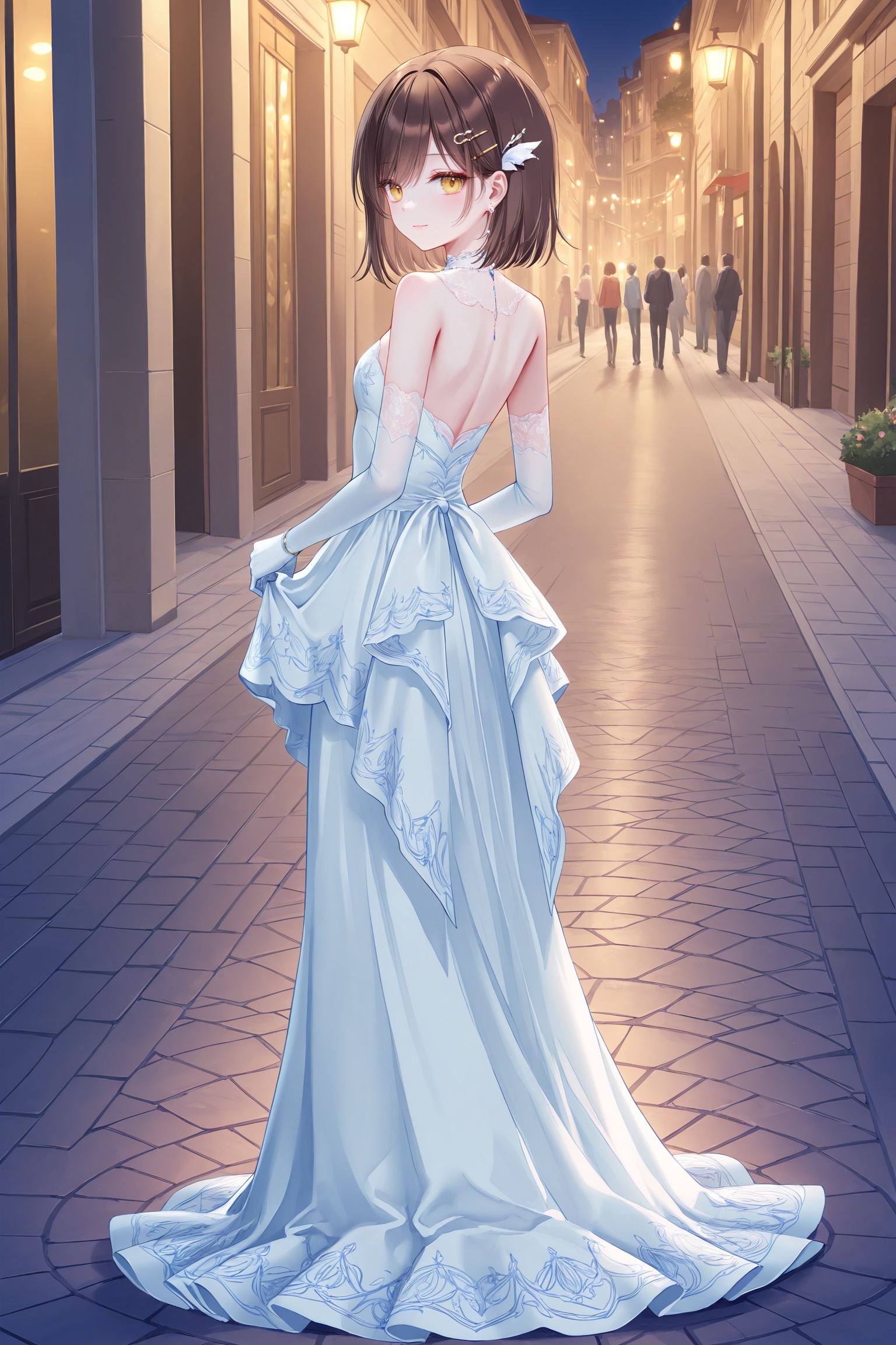 masterpiece,best quality,newest,absurdres,highres,soft shadows,year2024,(chen bin:0.7),(hiten \(hitenkei\):0.4),(rimuu:0.5),(mignon:0.5),(sheya:0.6),<lora:akikoXLNAI:1>,ensemble style,akiko(ensemble),1girl,yellow eyes,brown hair,short hair,hairclip,light smile,<lora:nightowlXLNAI:1>,nightowl,white dress,long dress,jewelry,hair ornament,elbow gloves,outdoors,street,road,full body,looking back,