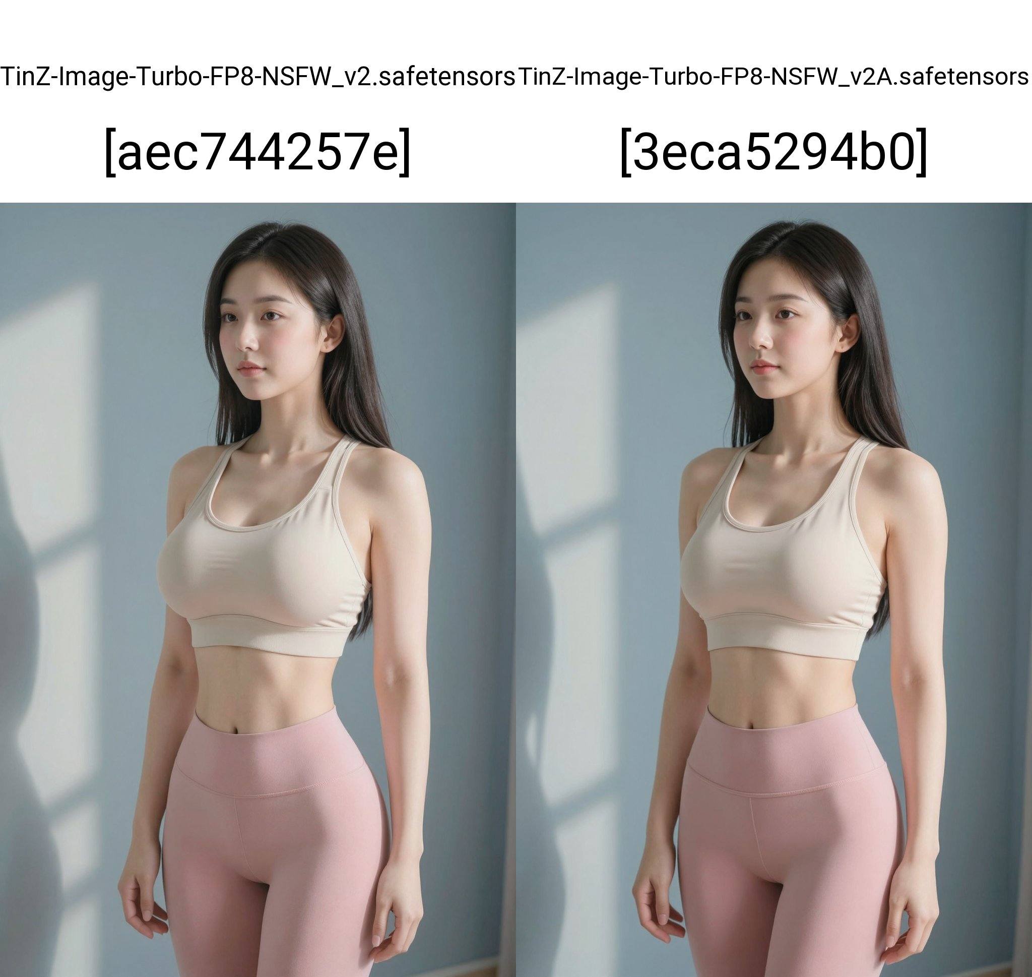 Create an image of a young woman standing gracefully in a softly lit room. She has long, straight black hair and a serene expression. She wears a fitted, light beige sports bra that highlights her toned midriff and soft pink high-waisted leggings that complement her figure. The background features a smooth, muted blue wall, enhancing the calm atmosphere.Natural light streams in from a nearby window, casting gentle shadows that create a pattern on the wall and her body, adding depth to the composition. The lighting is soft and diffused, creating a warm and inviting feel. The overall mood of the image is tranquil and focused, emphasizing fitness and beauty through simplicity and elegance.