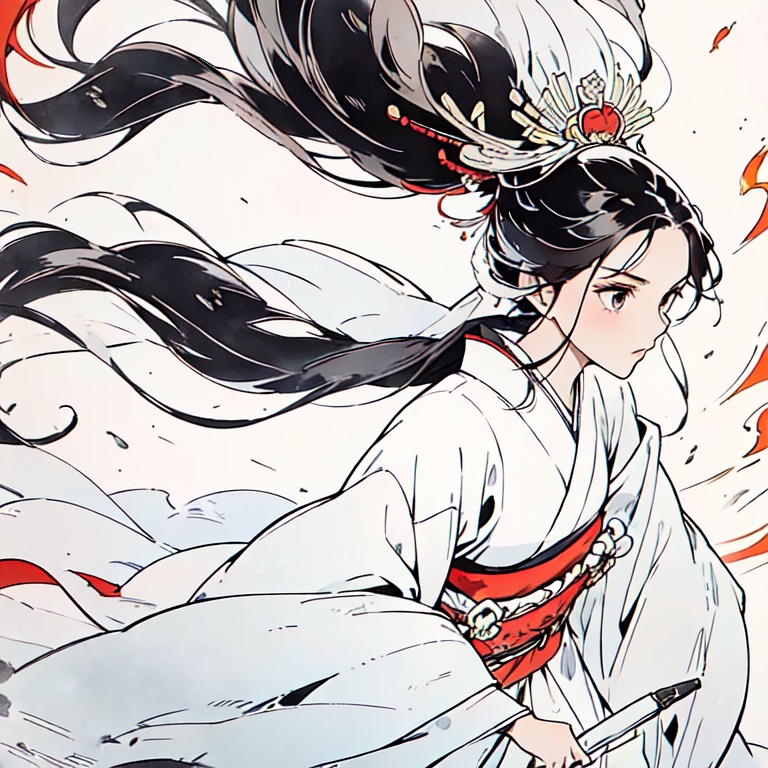 breathtaking The Bride with White Hair comic Japanese Ink Drawing, A young female in very sexy Hanfu, xianxia fantasy,her red Songmo headdress fluttering in the wind. She wields the fire with one hand, beautiful eyes,her fireplay agile and powerful, as if ready to leap into the air at any moment.Action: Each of her fire dance movements is filled with passion and strength, her hair flying wildly with the vigorous motions, like flames dancing in the air.Background: The background is simplified, sketched with light ink strokes, highlighting the fluidity and power of the character's movements.Style Features: Utilizes shades of ink and precise strokes to capture the elegance of the clothing and the dynamism of the fire dance, aiming to present an artistic effect that combines motion and stillness., ink drawing, inkwash, Japanese Ink Drawing. graphic illustration, comic art, graphic novel art, vibrant, highly detailed. Forbidden love, transformation, iconic snowy landscapes, sect rivalries, tragedy, cinematic, highly detailed, extremely complex, elegant, sharp focus, modern fine detail . award-winning, professional, highly detailed