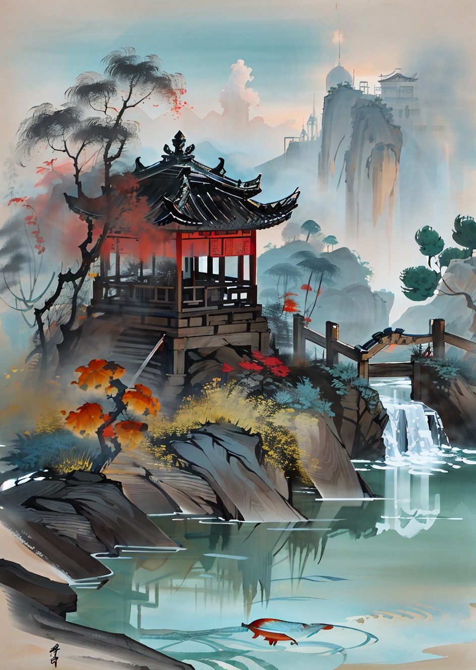 huaniao, [(white background:1.5)::5], mid shot, full body, chinese style, flowers,((fish)),stone fragment, beautiful detailed water,pool,  <lora:huaniao:1>