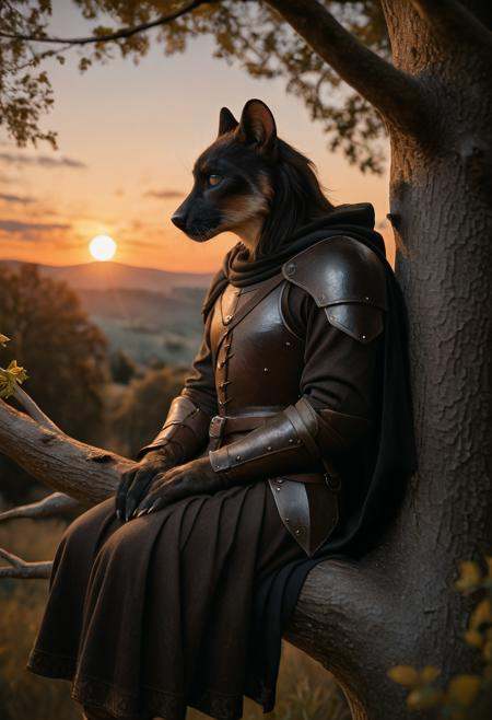 masterpiece, best quality, amazing quality, realistic, furry, hybrid, leather armor, medieval fantasy, cape, sitting on a tree, sunset, Film Still, Cinematic, Cinematic Shot