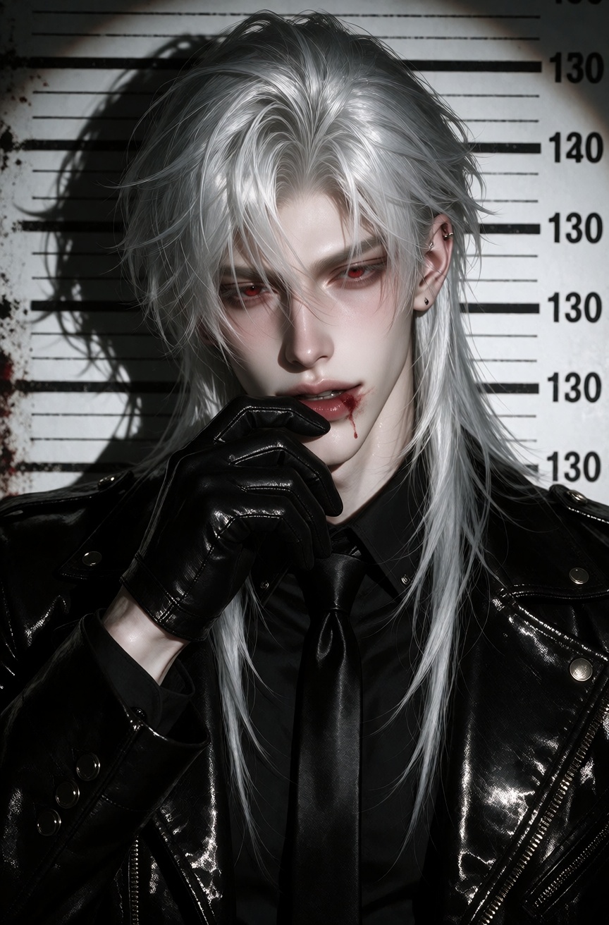 A pale-skinned male with long,  flowing white hair and striking red eyes stands in a stark mugshot-style pose against a hi...