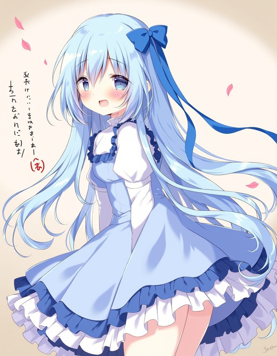 shiratama_(shiratamaco), highres, translation_request, 1girl, blue_dress, blue_eyes, blue_hair, blue_ribbon, blush, brown_background, dress, frilled_dress, frills, from_side, gradient_background, hair_ribbon, long_hair, long_sleeves, looking_at_viewer, looking_to_the_side, one_side_up, open_mouth, petals, puffy_long_sleeves, puffy_sleeves, ribbon, romaji_text, shirt, sidelocks, sleeveless, sleeveless_dress, sleeves_past_wrists, solo, very_long_hair, , white_shirt, wing_hair_ornament, , original, year_2024,, <lora:flux-Shiratamaco-000008:1>