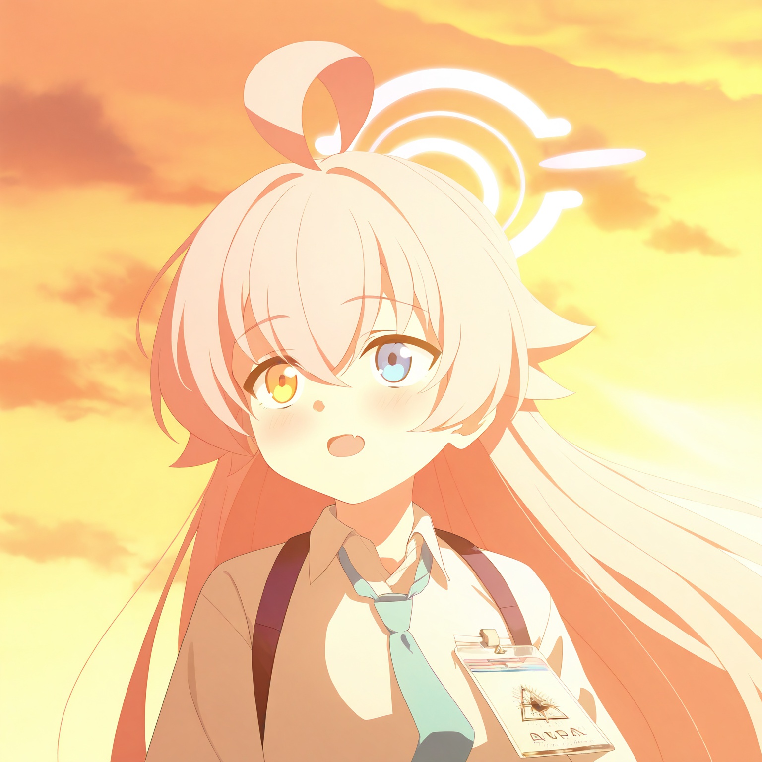 1girl,hoshino_\(blue_archive\),solo,shirt,ahoge,halo,heterochromia,necktie,blue_eyes,white_shirt,collared_shirt,pink_hair,long_hair,yellow_eyes,fang,open_mouth,hair_between_eyes,blue_necktie,pink_halo,upper_body,harness,chest_harness,looking_to_the_side,looking_afar,outdoors,huge_ahoge,blush,shoulder_strap,id_card,skin_fang,hair_flaps,strap,sunset,crossed_bangs,<lora:ba——【CKXL】hans:1>,