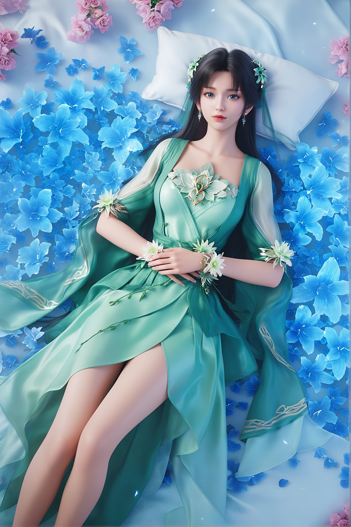 score_9,score_8_up,score_7_up,<lora:wy_biyao_x_XL7.0:0.8>,1girl,long hair,breast,medium breasts,earrings,hair_ornament,dress,thick_thighs,flower,many flowers,very many flowers,wetting,dark,sitting,on_ground,from_above,black hair,blue eyes,green_dress,pillow_hug,