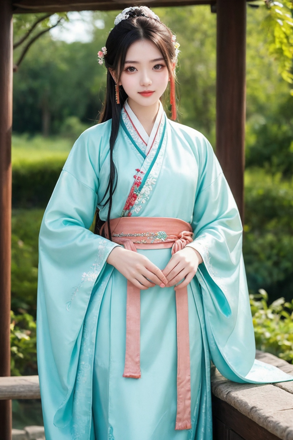 a woman, hanfu, the woman's gaze is directed towards the camera, her posture is upright and poised, and her hands are gracefully positioned by her side. the environment is lush and green, suggesting a serene and natural setting. the hanfu is flowing and drapes elegantly around her, with intricate embroidery and patterns. the overall mood conveyed is one of elegance, tradition, and serenity.