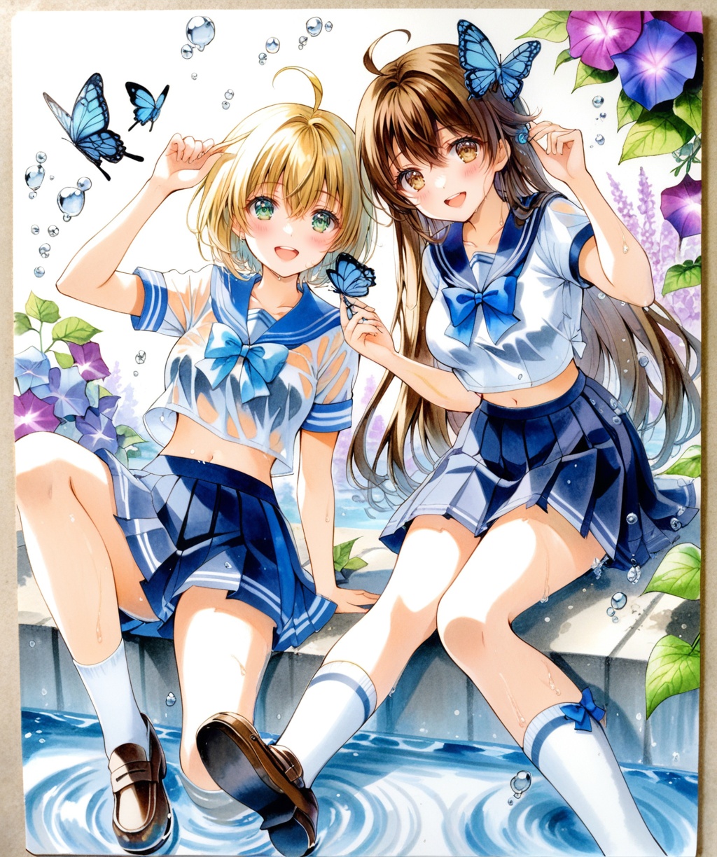 2girls,multiple girls,skirt,school uniform,flower,smile,butterfly,bug,blue skirt,brown hair,serafuku,long hair,open mouth,pleated skirt,ahoge,hydrangea,socks,bow,looking at viewer,shirt,sitting,shoes,breasts,navel,blue butterfly,short sleeves,:d,blue flower,short hair,sailor collar,holding,brown eyes,bowtie,hair ornament,water,blush,white shirt,hair between eyes,green eyes,bangs,blue bow,loafers,water drop,medium breasts,closed mouth,arm up,midriff,blue sailor collar,brown footwear,morning glory,traditional media,teeth,miniskirt,knee up,purple flower,thighs,large breasts,butterfly on hand,wet,upper teeth only,white socks,blue bowtie,midriff peek,blue eyes,collarbone,wet clothes,wisteria,leaf,blonde hair,hand up,