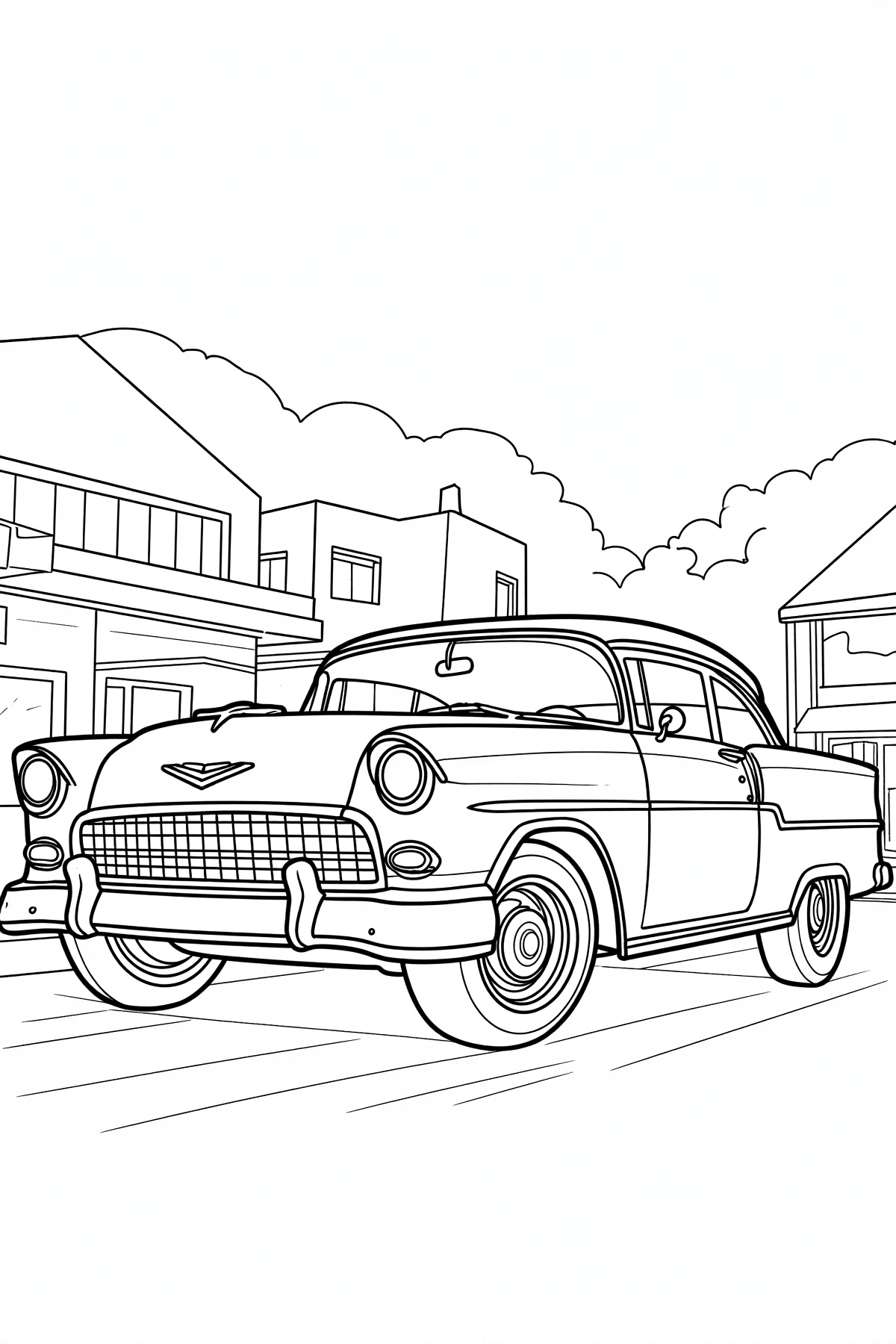 Intricate line art coloring book illustration of a classic 1950s American muscle car parked in front of commercial buildin...