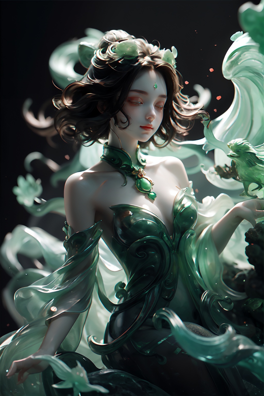 masterpiece,best quality, jade, jade sculpture, 1 girl , Strapless dress,  bare shoulders, short hair,  sea wave, ((coral)) , floating rock, front light, cinematic light<lora:Jadestyle_V1:1>