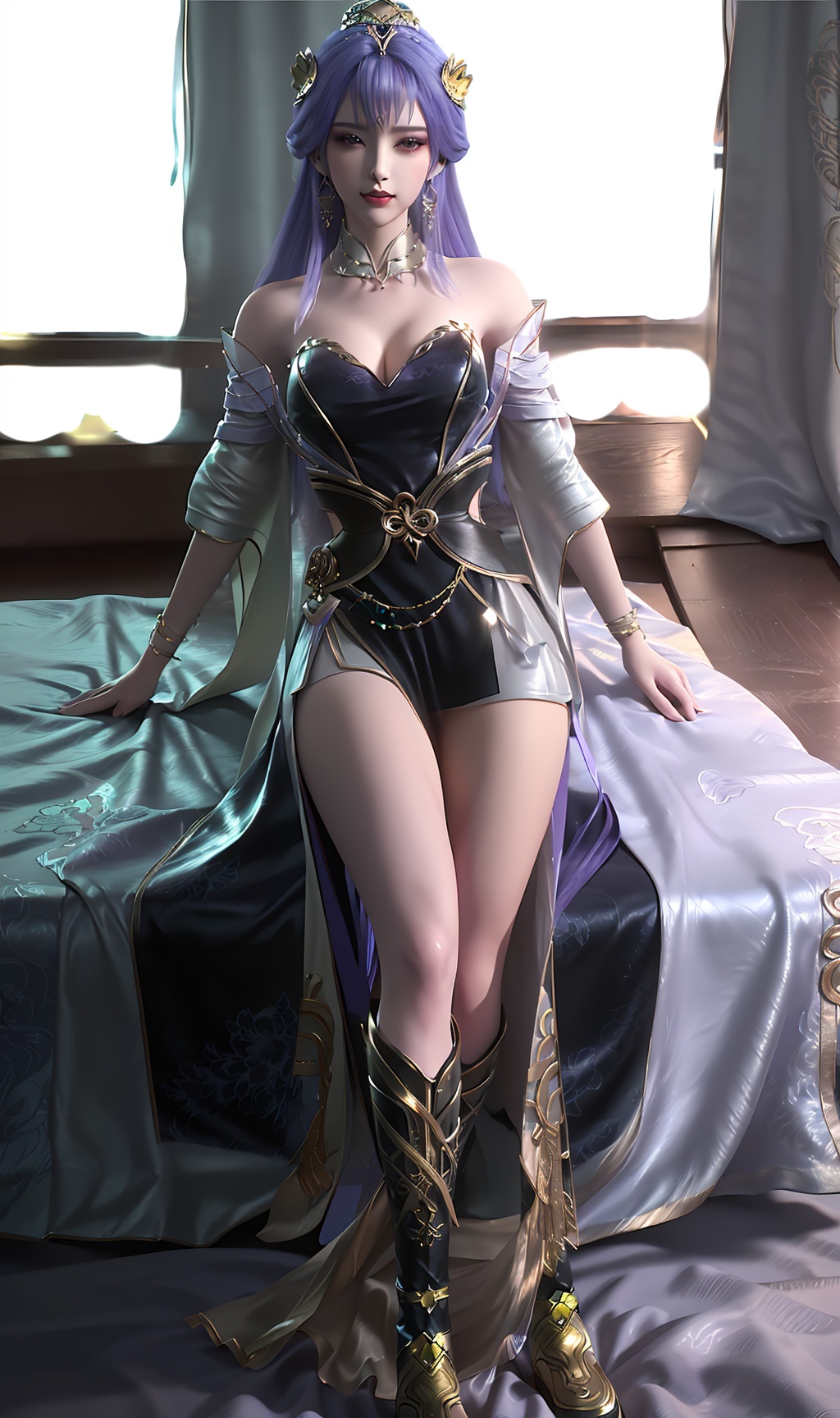3D,masterpiece,(best quality),(makeup),official art, extremely detailed cg 8k wallpaper,((crystalstexture skin)), (extremely delicate and beautiful),(highly detailed),(face),(1girl), (solo), (jewelry), (earrings),(purple_hair),(long_hair),(hair_ornament),(handwear),(breasts),(sitting),(collar),(headgear),(tassel),(long_sleeved),(detached_sleeves,(facial_mark),(bangs),(bracelet),,((tiara)),(hairpin),((crown)),,((full_body,whole_body)),(dress),,(multicolored_clothes),(multicolored_dress:1.000),(closed_mouth),(traditional_clothes:1.000),((long_dress,long_skirt)),,(gown),(shiny_clothes),(closed_mouth),(sunshine, outdoor,bed),((looking_at_viewer)),((Facing the camera)), (long_legs),(armored_boots), (knee_boots),, <lora:hipoly3DModelLora_v10:0.3>