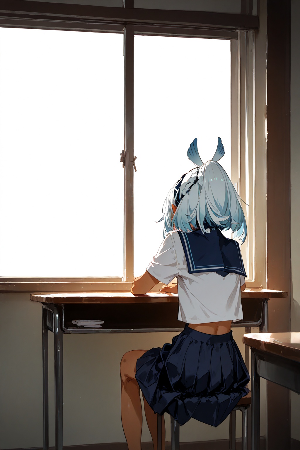 masterpiece,best quality,absurdres,(dino_(dinoartforame):0.5),(yoneyama mai:0.5),1girl,mualani \(genshin impact\),school uniform,sit at the table by the window,lean on the window,