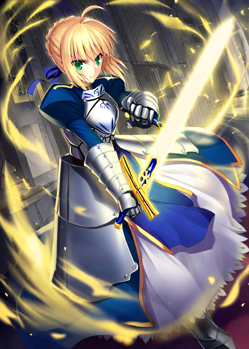 masterpiece, best quality, 1girl, saber, fate_(series), 1girl, blonde_hair, green_eyes, armor, holding weapon, sword, yellow aura, church, holding glowing sword,
