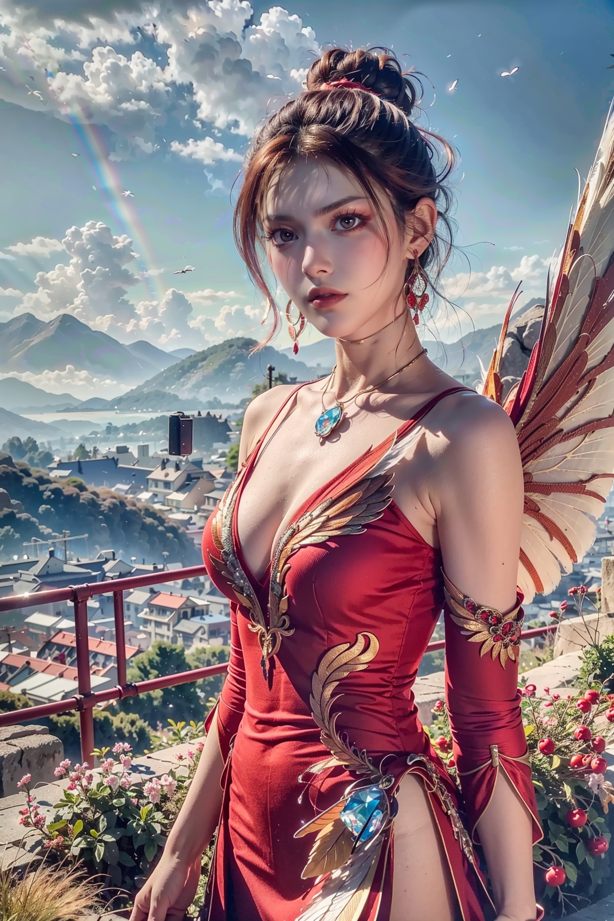 (8k, RAW photo, best quality, masterpiece:1.2),(realistic, photo-realistic:1.1),ultra-detailed,extremely detailed cg 8k wallpaper,(crystalstexture skin:1.4),(extremely delicate and beautiful), solo,,(((wings, feathered_wings,))),1girl,portrait,solo,(smile),(red eyes,glass slipper ),earrings,jewelry,closed mouth,,smile,collarbone,red lips,(white skin),outdoors,detached sleeves,perfect hand,hs,(fantastic scenery, Rainbow, Sky,cherry blossoms,flowers,butterfly,mountain,spring \(season\), ,arm behind back,((looking at viewer)), 1girl,,  flower_field, lips, (phoenix, dress, red_dress,embers, fiery_wings, feathered_wings, short hair, ),   <lora:mxt:0.5>, 