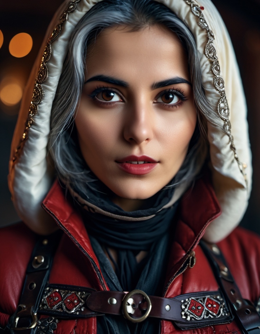 cinematic photo portrait,  close up of a Rogue ,  she is dressed in traditional Syrian [Boyfriend jeans|Puffer coat] on Te...