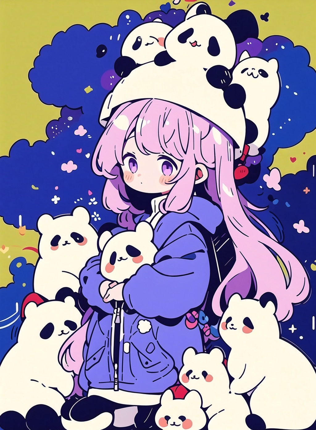 <lora:zgmaomao-000006:0.8>,1girl,zgmaomao,panda,solo,pink hair,hat,cat_on_head,sit,purple_jacket,long hair,kabutops,green_theme,