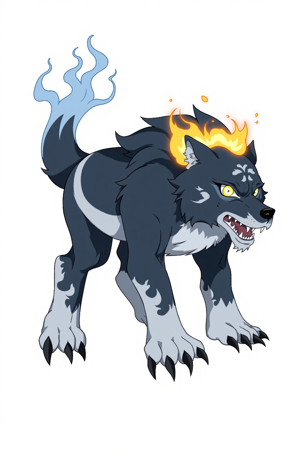 HEZI, Character Design, animation art, quadratic, bright colors, , no humans, solo, white background, pokemon \(creature\), wolf, simple background, full body, black fur, glowing eyes, alternate color, claws, yellow eyes, fusion, glowing, teeth, open mouth, tail, looking at viewer, blue fire, grey fur, blue eyes, white fur, shiny pokemon, fire, sharp teeth, fangs, colored sclera, animalization, animal focus