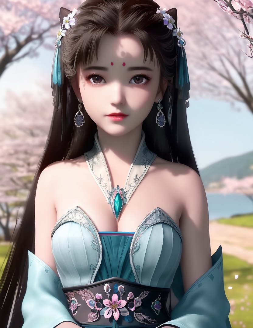 ultra realistic 8k cg, picture-perfect face, flawless, clean, masterpiece, professional artwork, famous artwork, cinematic lighting, cinematic bloom, perfect face, beautiful face, fantasy, dreamlike, unreal, science fiction,  beautiful clothes, lace, lace trim, lace-trimmed legwear,  (rich:1.4), prestige, luxury, jewelry, diamond, gold, pearl, gem, sapphire, ruby, emerald, intricate detail, delicate pattern, charming, alluring, seductive, erotic, enchanting, hair ornament, necklace, earrings, bracelet, armlet,halo((,1girl, ,))(((,teenage, cherry blossoms, 1girl, tree, spring_\(season\), solo, black_hair,chinese clothes,looking at viewer, upper body, ))) <lora:DA_LanLingEr:0.6>