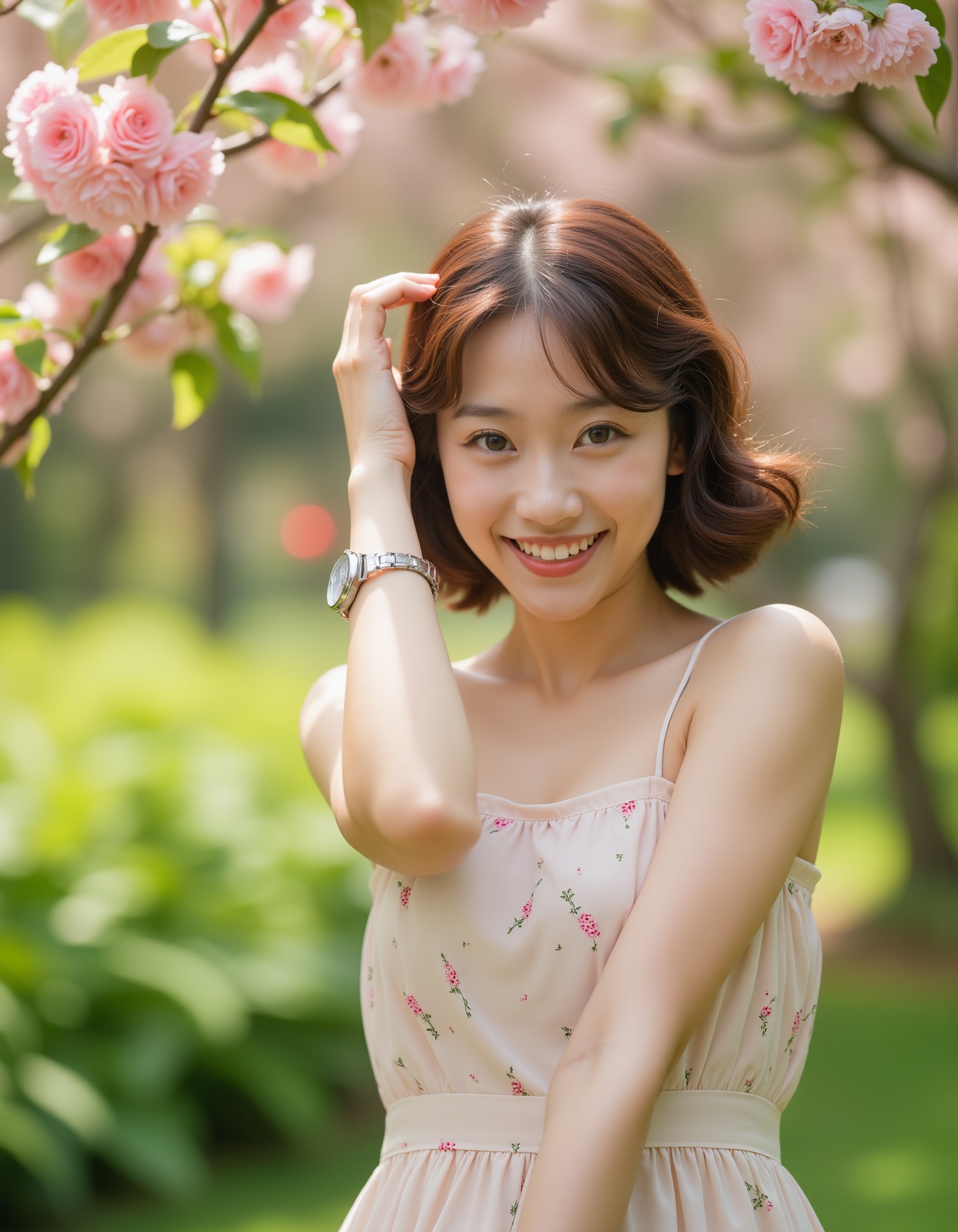 A high-quality photograph of a young woman standing in a vibrant garden,  smiling brightly. She has short,  wavy brown hai...
