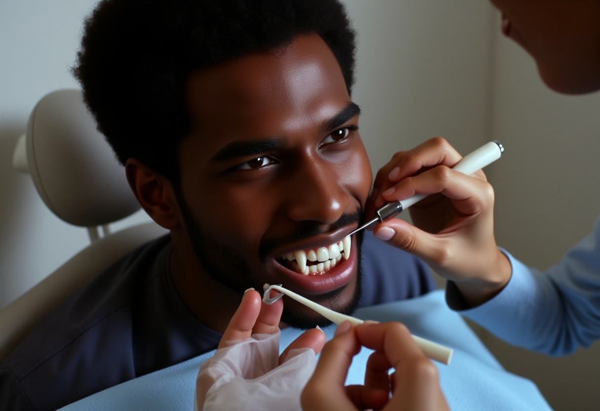 Vampyfangs1. a film still photo. 35mm. 4k. From a 2003 movie. a black Jamaican vampire and is showing off his fangs,  he i...