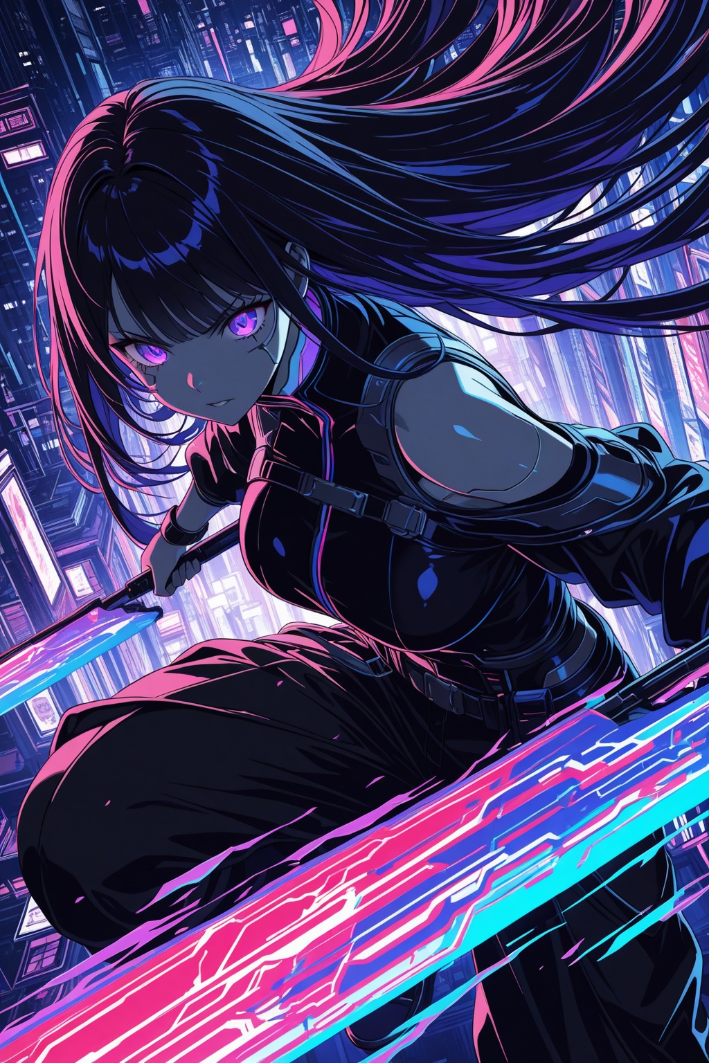 purple eyes,black hair,very long hair,bangs,large breasts.,intense expression,dark clothing,dynamic pose,sharp angular features,monochromatic color scheme,high contrast,digital art,graphic novel style,cyberpunk aesthetics,urban fantasy,