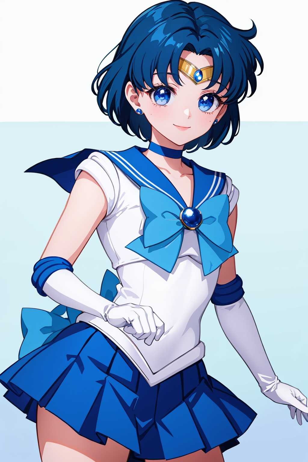 masterpiece,best quality, highly detailed, sailor mercury,1girl,solo,sailor senshi uniform,white gloves,blue skirt,blue sailor collar,elbow gloves,blue choker,smile,earrings,magical girl,pleated skirt,looking at viewer,tiara<lora:sailor_mercury:1>,simple background,white background