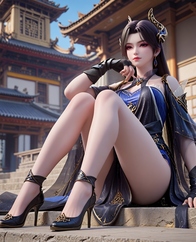 (oriental architecture, elegant decor, sophisticated style:1.1),(knees apart feet together:1.1),looking at viewer,(breasts:1.2),<lora:XL16斗破苍穹曹颖:0.95>,miss caoying,black dress,slip blue dress,brown eyes,red eyeshadow,black hair,very long hair,hair ornament,earrings,jewelry,fingerless gloves,black heels,, score_9,score_8_up,score_7_up,score_6_up,score_5_up,score_4_up,3d rendering,tag1,tag2, Cinematic Lighting,backlighting,, zPDXL3, zPDXL2,zPDXL, zPDXLxxx, zPDXLrl,