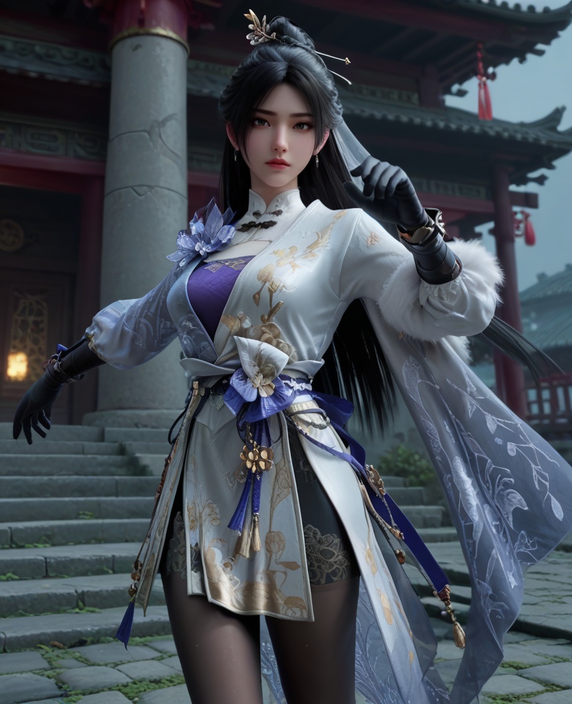 (oriental architecture, elegant decor, sophisticated style:1.1),((dynamic pose:1,2):1.1),(breasts:1.2),<lora:XL永劫无间顾清寒冰雁:0.95>,miss guqinghan,white dress,purple lingerie,sash,black hair,long hair,hair ornament,black gloves,black pantyhose,fart curtain,, score_9,score_8_up,score_7_up,score_6_up,score_5_up,score_4_up,3d rendering,tag1,tag2, Cinematic Lighting,backlighting,