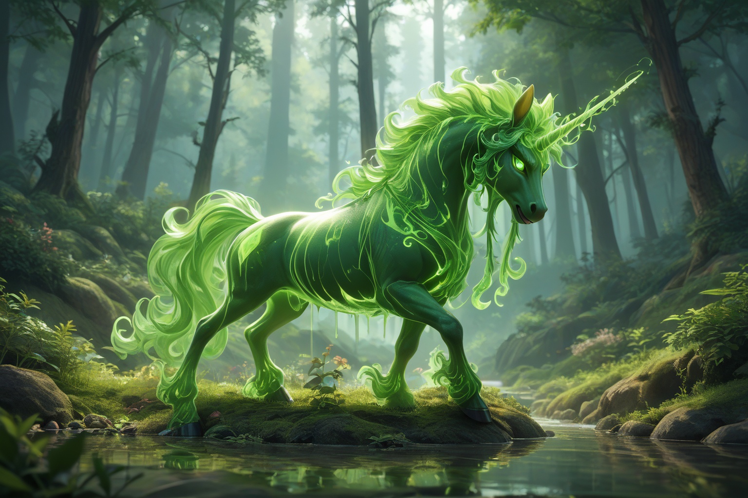 score_9,score_8_up,score_7_up,score_6_up,score_5_up,score_4_up,(a cinematic shot of a fantasy character standing infront of a giant green glowing spirit Unicorn, magical forest in background, reflective light:1.2) Bosstyle,