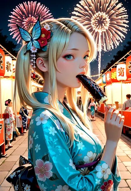 1girl, kashiwazaki sena, twintails, kanzashi, makeup, yukata, floral print kimono, wide sleeves, summer festival, eating chocolate banana, excited, night, aerial fireworks, looking at viewer,, ZSA_IL_RL_POS