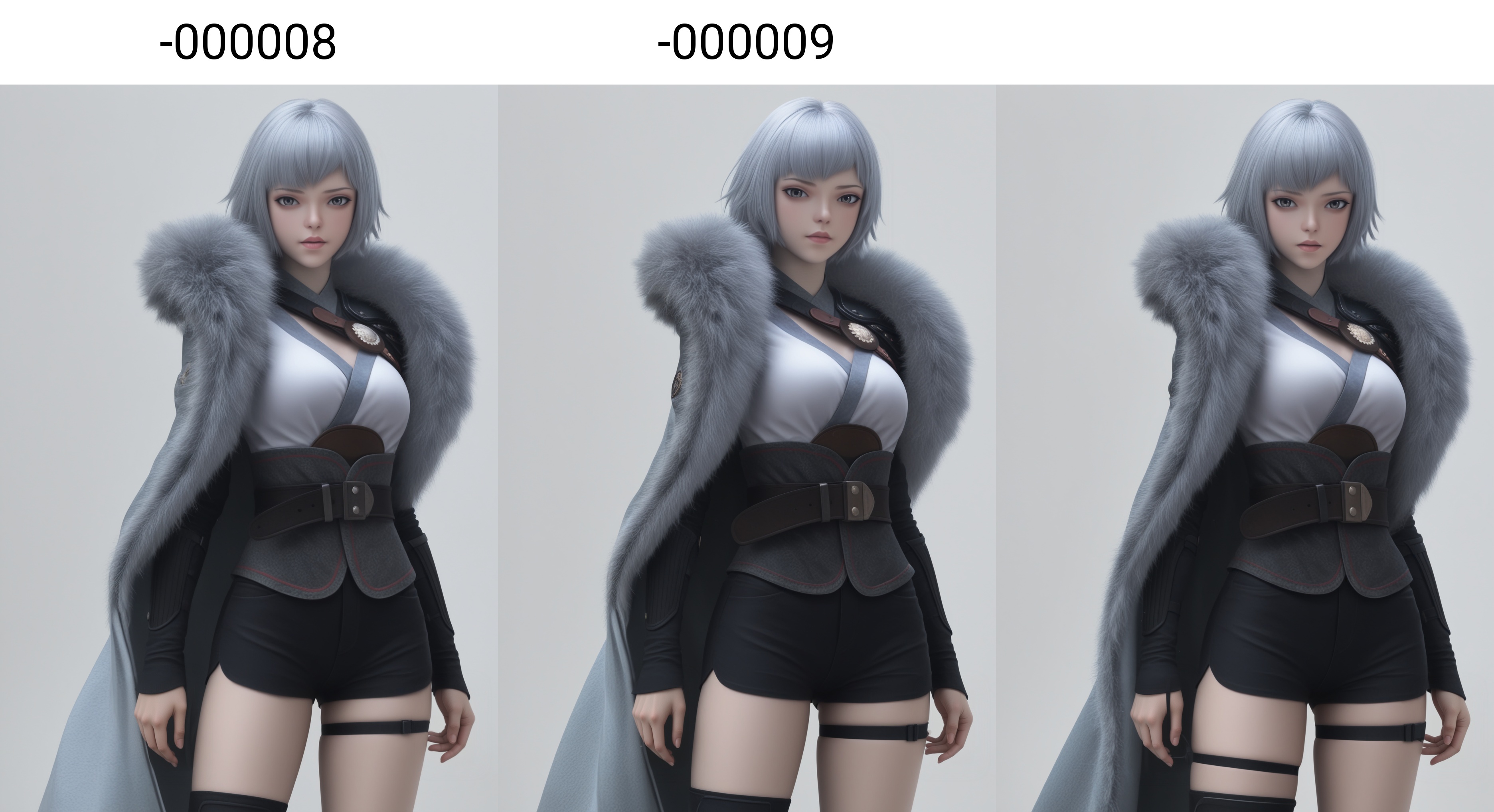 (score_9),masterpiece,best quality,absurdres,highres,(white_skin),(Ivory_skin),light_skin,BREAK<lora:白月魁-ill-000008:0.8>,name\(byk\),1girl,solo,short hair,grey hair,grey eyes,fur trim,single pauldron,belt,black shorts,thigh strap,cape,BREAKlooking at viewer,front view,cowboy shot,BREAKsimple background,white background,