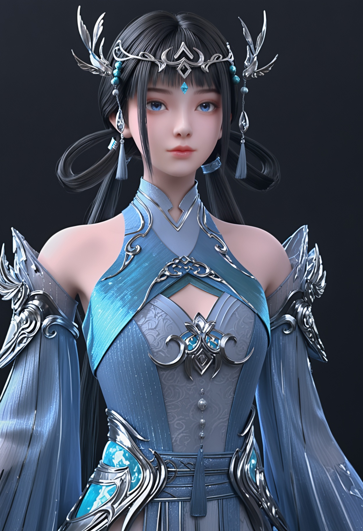 (looking_at_viewer:1.2),(upper_body:1.2),<lora:YQ_pony_jianyan_V4:0.8>,1girl,q1528437228,solo,black hair,long hair,hair ornament,chinese clothes,hair rings,blue eyes,twintails,jewelry,tiara,earrings,boots,circlet,low twintails,ponytail,blunt bangs,(simple background,pure black background,black background:1.1),perfect_anatomy,