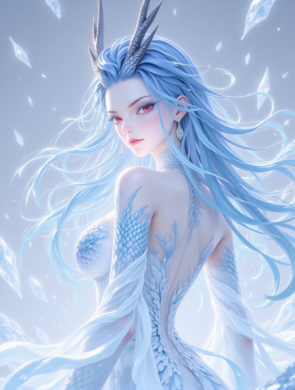 Digital Painting,ar,This image depicts a female character full of mystery and fantasy. She has long,ice-blue hair that flutters in the wind,making her look light and agile. The color of her hair seemed **** cold ice in winter,shining with a cold and clear light. There was a pair of silver-colored dragon horns on her forehead. Her eyes were red,as if they were deep flames,revealing an unspeakable mystery. This contrast between red and blue further emphasized her unique temperament and charm. This female character was wearing a transparent white costume decorated with delicate blue patterns and lines. These patterns and lines were **** flowing water waves,giving people a light and elegant feeling. The material of the costume looked light and transparent,as if it was **** up of water elements,complementing her overall image. Her back has textures similar to fish scales,which are staggered to add a sense of movement and layers. This design not only makes her image more three-dimensional and vivid,but also gives the impression that she is a mysterious creature from the deep sea. Overall,this image presents a cool-toned fantasy style. The color scheme of the image is harmonious and unified,giving people a tranquil and mysterious feeling. The image of the female character is unique and charming,which makes people can't help but indulge in this world full of fantasy and romance.,