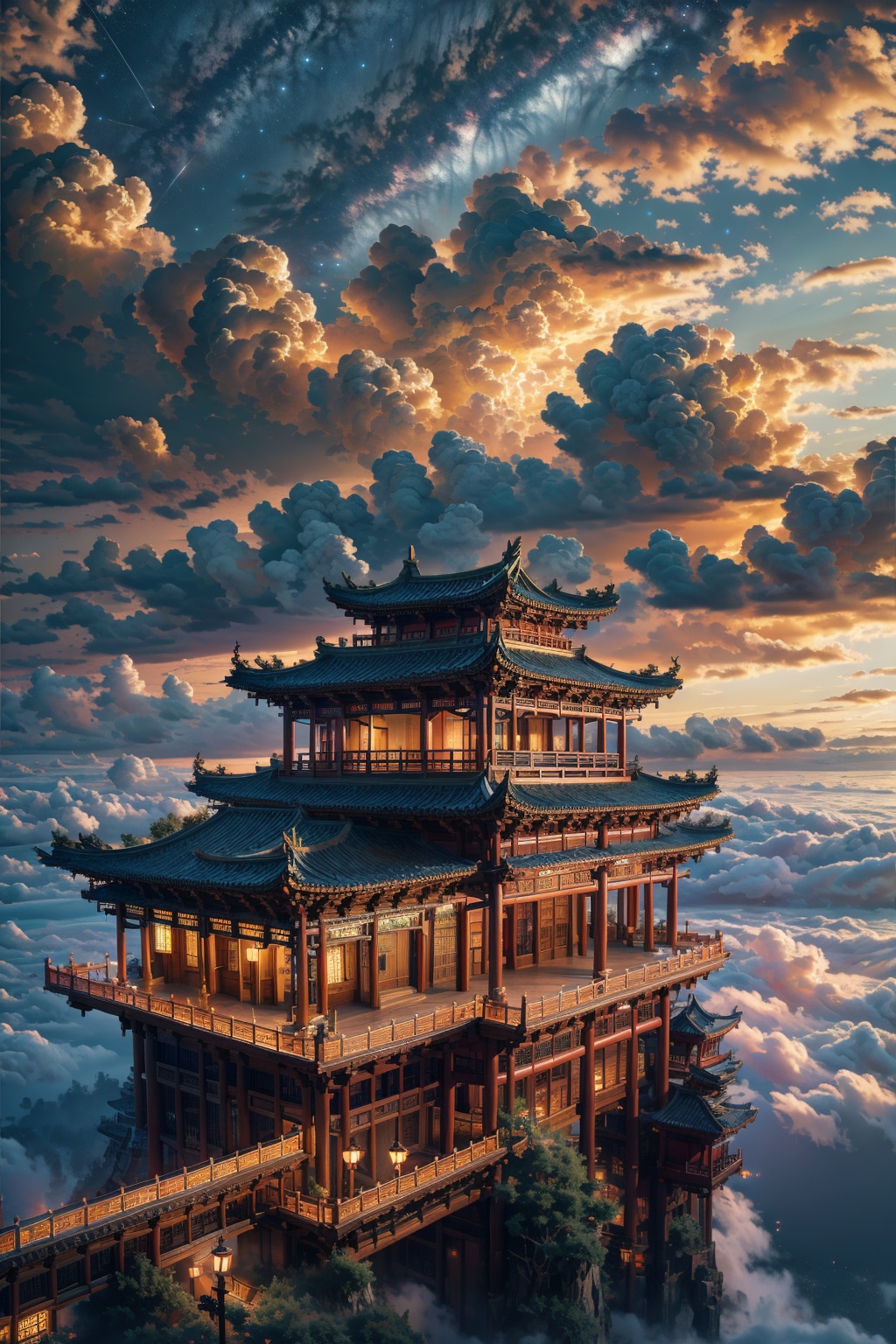 (masterpiece:1.2),best quality,highres,extremely detailed CG,perfect lighting,8k wallpaper,photograph,photorealistic,chinese architecture,fantasy,sky,<lora:FF_20240110192137-000007:0.7>,