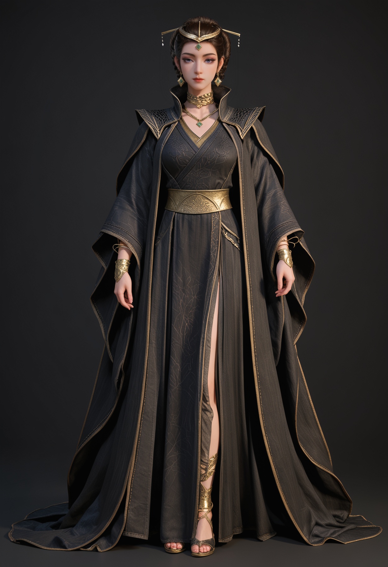 (standing full_body:1.1),score_9,score_8_up,masterpiece,(best quality),intricate details,facing viewer,(looking at viewer:1.1),<lora:YQ_pony_wenfuren_V4:0.8>,q1528437228,1girl,jewelry,solo,earrings,black hair,hair ornament,bracelet,brown hair,blue eyes,updo,braid,circlet,long hair,hair bun,wide sleeves,cape,eyeshadow,purple eyes,dress,necklace,gem,grey eyes,robe,short hair,single hair bun,tiara,chinese clothes,hair stick,black dress,BREAK(score_9:1.2),(score_8_up:1.2),masterpiece,best quality,very aesthetic,perfect anatomy,(hourglass),perfect face,(simple background,pure black background,black background:1.1),fair_skin,(shiny_skin:1.1),Ivory_skin,