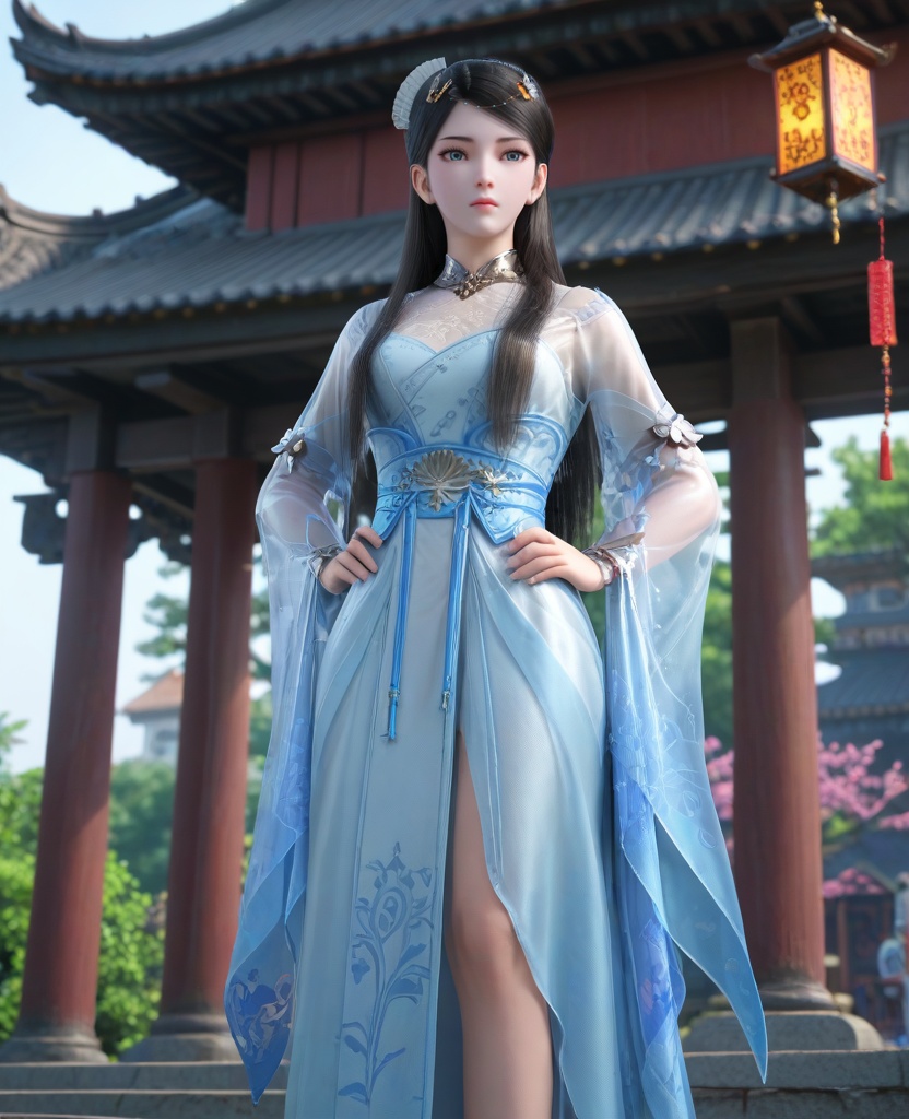 (oriental architecture, elegant decor, sophisticated style:1.1),(Hands on hips, facing the camera,:1.1),(breasts:1.2),<lora:XL16墓王之王寒千落:0.95>,miss hanqianluo,solo,pale blue dress,see-through,blue eyes,black hair,long hair,hair ornament,hanging hair,sash,wrist cuffs,pelvic curtain,blue heels,, score_9,score_8_up,score_7_up,score_6_up,score_5_up,score_4_up,3d rendering,tag1,tag2, Cinematic Lighting,backlighting,