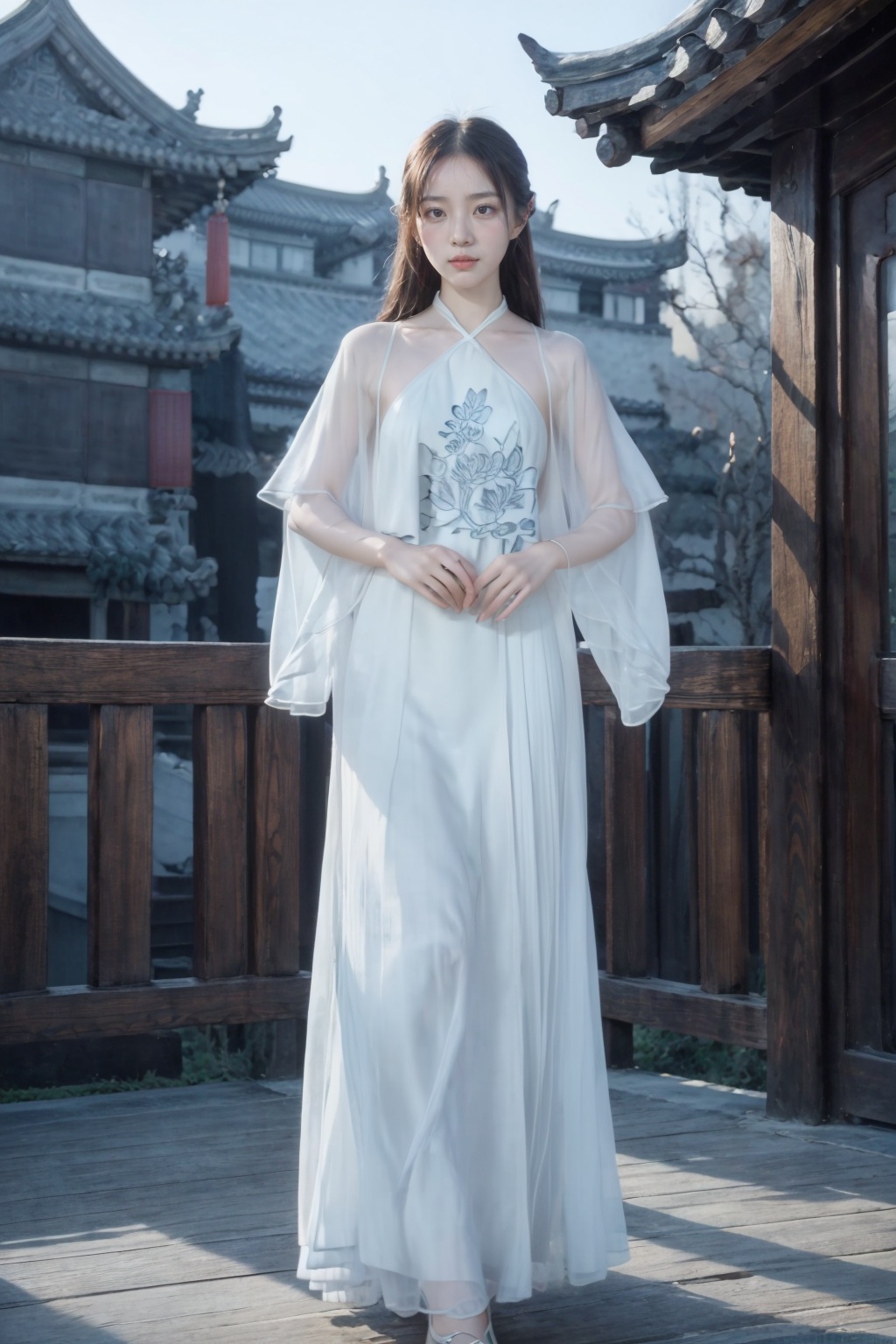 realistic,masterpiece,best quality,8K,HDR,RAW,1girl,(standing),large breasts,looking at viewer,east_asian_architecture,temple,flower,Chinese style,<lora:add_detail:0.6>,<lora:GoodHands-beta2:1>,<lora:ENNE 国风印花肚兜+长裙_v09:0.9>,chinese clothes,