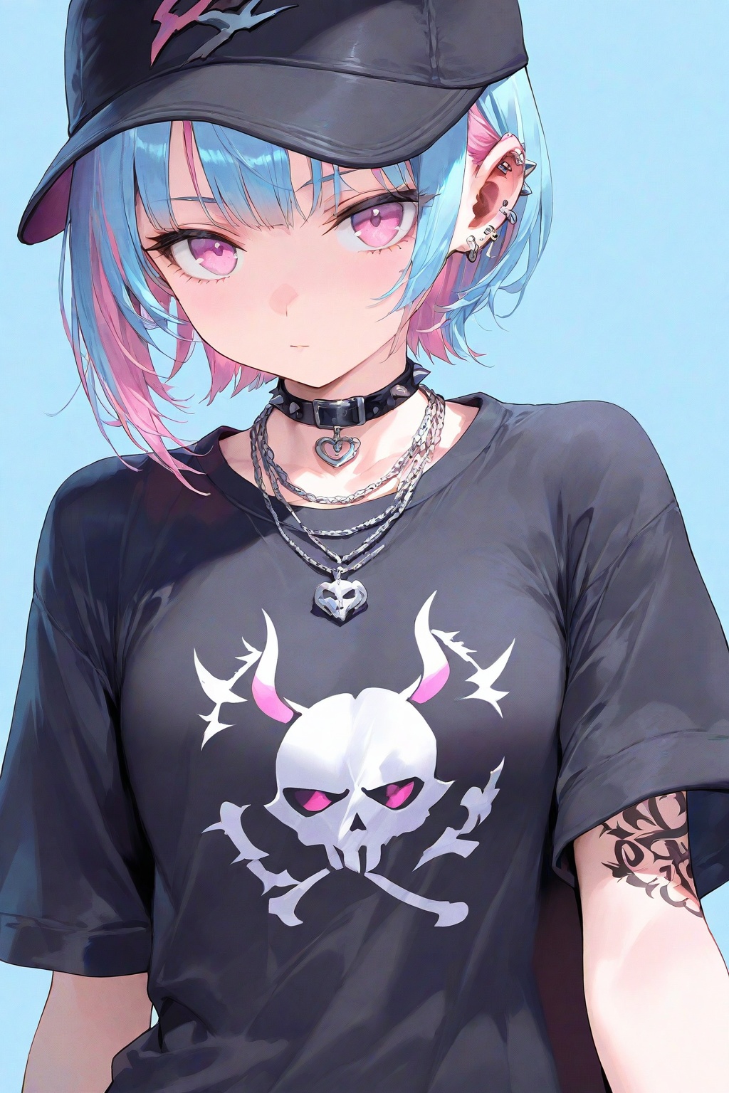 1girl,solo,looking at viewer,short hair,simple background,shirt,hat,jewelry,closed mouth,blue hair,upper body,pink hair,short sleeves,multicolored hair,earrings,choker,pink eyes,necklace,collar,black shirt,black headwear,tattoo,chain,blue background,piercing,t-shirt,ear piercing,baseball cap,spikes,
