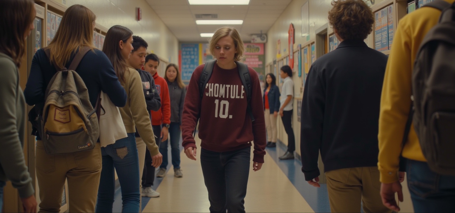 Color style,Fantasy style,(Color style:2),Setting: A high school hallway,filled with the noise of students and the clatter of lockers. The walls are adorned with posters and school spirit decorations.,Character: Casey,a new student,feeling out of place and anxious.,Action: Casey walks down the hallway,her head down,her backpack slung low on her shoulder. She avoids eye contact with the other students,who are chatting and laughing in groups. As she passes a group of popular students,they glance at her and whisper among themselves. Casey's face shows a brief flash of hurt,but she quickly composes herself and continues walking,a determined look in her eyes.,Camera Work: The camera follows Casey from behind,capturing her isolation. It then cuts to a close-up of her face,showing her vulnerability and determination. The camera also captures the reactions of the other students,emphasizing her status as an outsider.,
