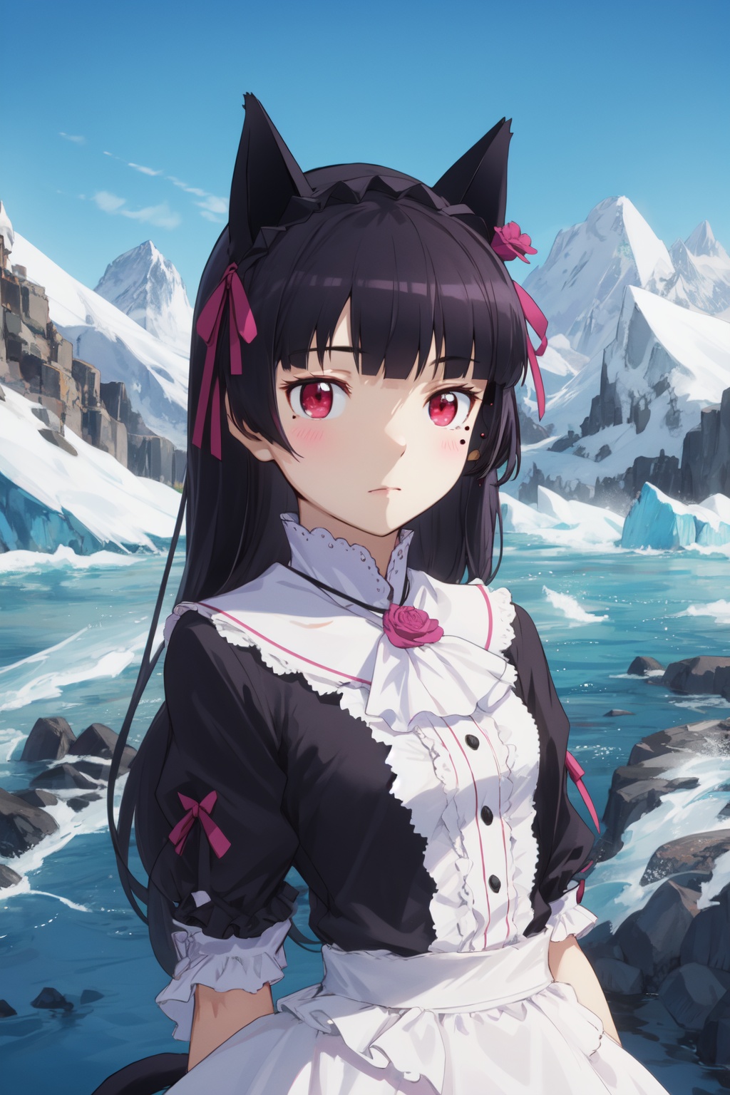<lora:Ruri-000010:0.8>,Ruri cyql,1girl,looking at viewer,solo,long hair,black hair,hime cut,red eyes,mole,mole under eye,cat ears,animal ears,gothic lolita,lolita fashion,dress,frills,Curious, Chin tilted up slightly, eyes wide open, and a slight smile.,bust,beautiful face,beautiful eyes,glossy skin,shiny skin,Lake, Glacier, Turquoise, Water, Reflection, Mountains, Serenity, Cold,(Desert wildflowers, Arid landscape, Desert bloom, Refreshed desert, Floral explosion, Desert oasis:0.6),beautiful detailed sky,beautiful detailed glow,posing in front of a colorful and dynamic background,masterpiece,best quality,beautiful and aesthetic,contrapposto,female focus,wallpaper,fashion,