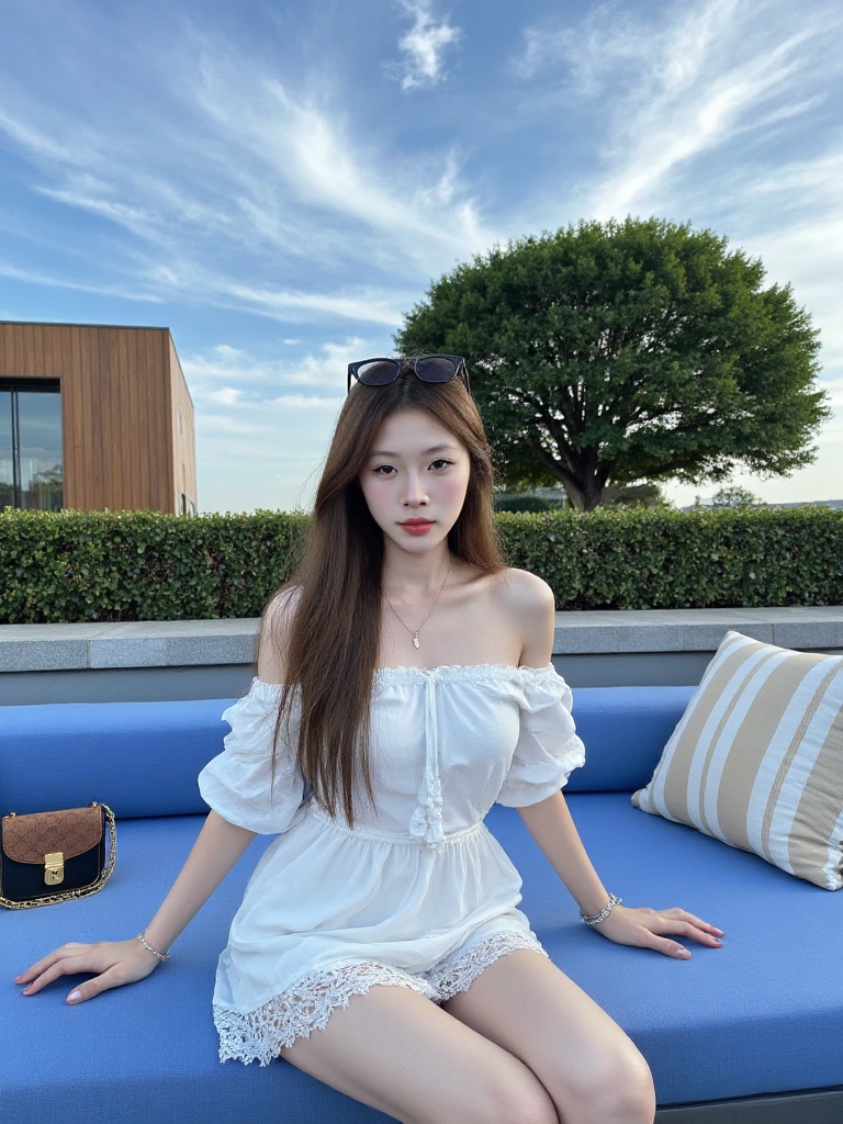 This photograph features a young Asian woman with long,straight brown hair and fair skin,sitting on a modern outdoor lounge area. She is wearing an off-the-shoulder,white,lace-trimmed,short dress that reveals her slender arms and legs. Her dress has a slightly ruffled texture and a relaxed,flowy fit. She is accessorized with a pair of black sunglasses perched on her head and a delicate bracelet on her right wrist. Her makeup is minimal,highlighting her natural beauty.,In the background,there is a clear blue sky with scattered,wispy clouds. A large,leafy green tree is visible behind a low,neatly trimmed hedge. To the left,there is a modern building with a wooden facade and large windows. The lounge area she is sitting on has a blue cushioned bench with a beige and white striped pillow on the right side. Next to her,on the left,is a small brown and black handbag with gold hardware. The setting suggests a serene,upscale outdoor space,possibly a rooftop or terrace. The overall composition of the photograph is balanced and calm,with a focus on the womans relaxed and confident demeanor.,