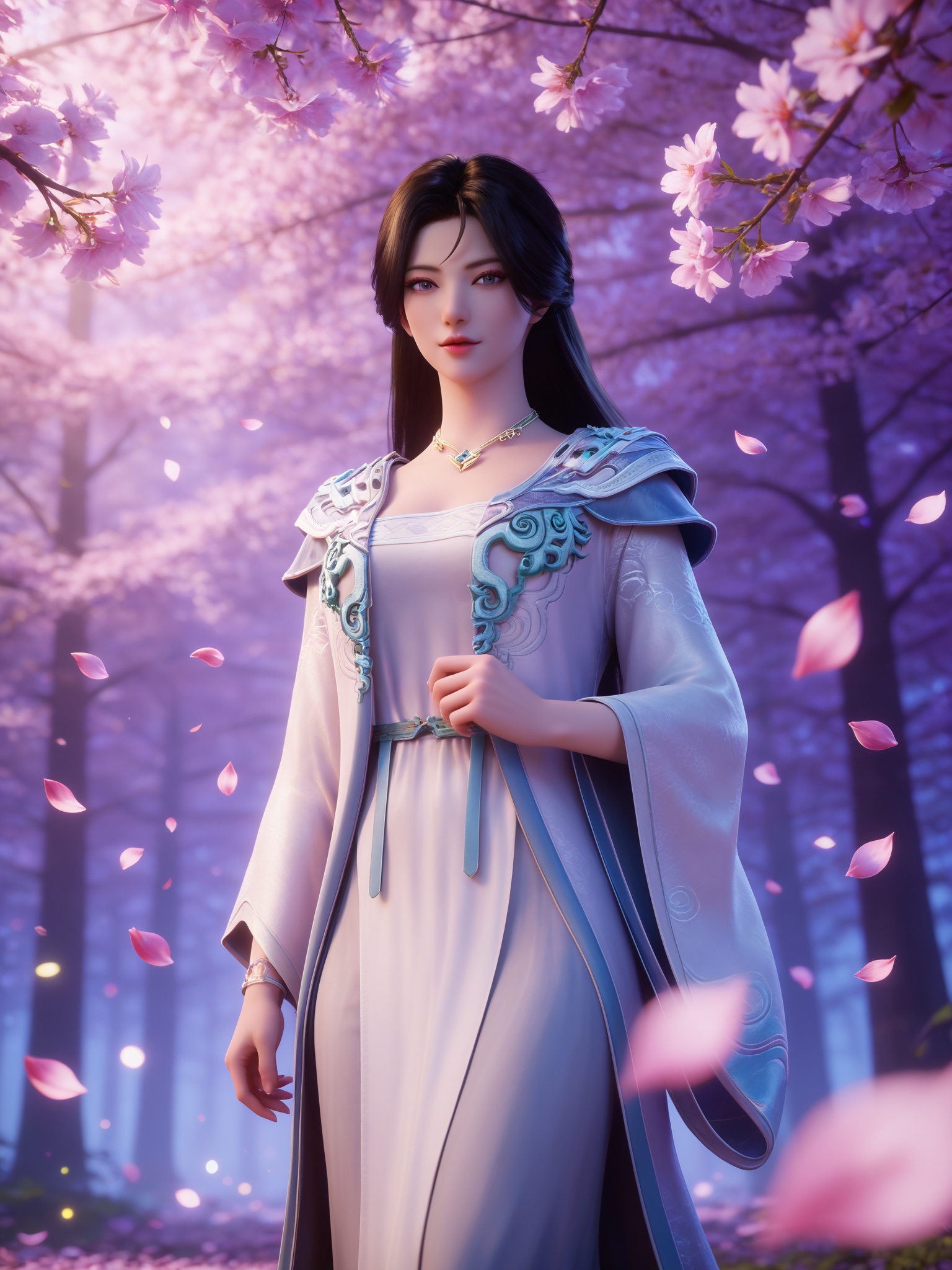 <lora:万初圣女-赵嫣然Pony:0.7>,1girl,long hair,black hair,chinese clothes,jewelry,necklace,long sleeves,wide sleeves,white dress,bracelet,shoes,, 1girl,solo,upper body,looking at viewer,petals,falling petals,masterpiece,best quality,absurdres,highres,amazing quality,very aesthetic,newest,absurdres,highres,highly detailed,very aesthetic,