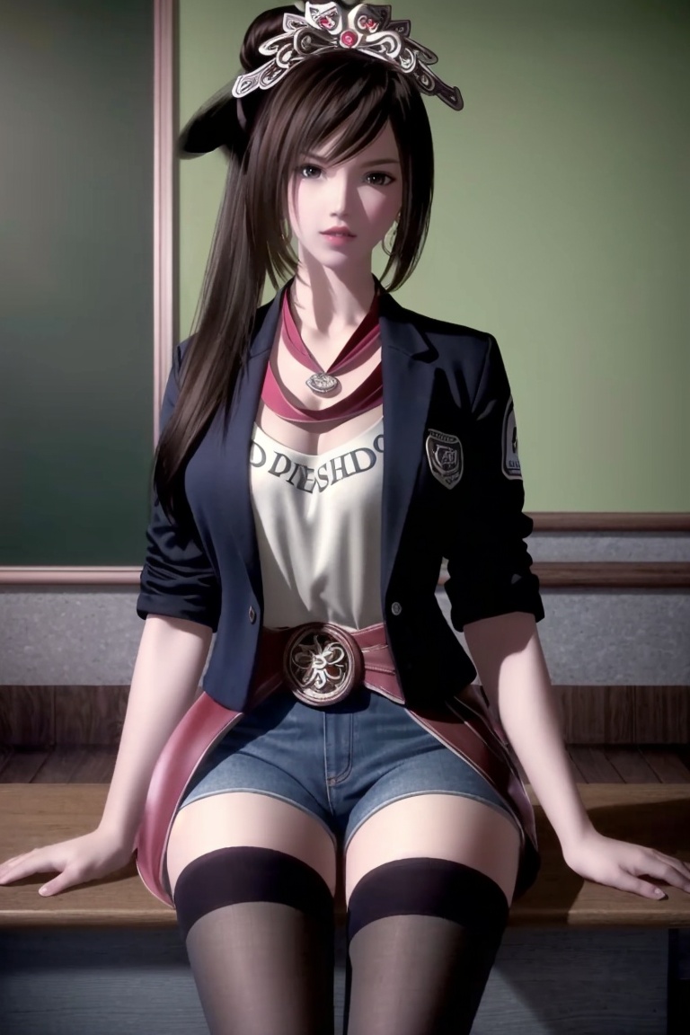 ((HRD, HUD, 8K)),((masterpiece, best quality)), highly detailed, soft light,1girl, solo, black hair, long hair, ponytail, hair ornament, tiara, black eyes, brown eyes, lips,(t-shirt:1.2), (blazer:1.2), denim shorts, black pantyhose, blurry background, classroom, chalkboard, sitting, cowboy shot, looking at viewer, <lora:20240430-1714439888539:0.7>